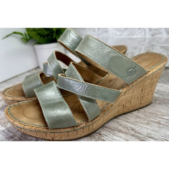 Born Zemora Slip On Leather Wedge Sandal Shoe Women's Sz 9 Green Metallic Beachy - Picture 4 of 13